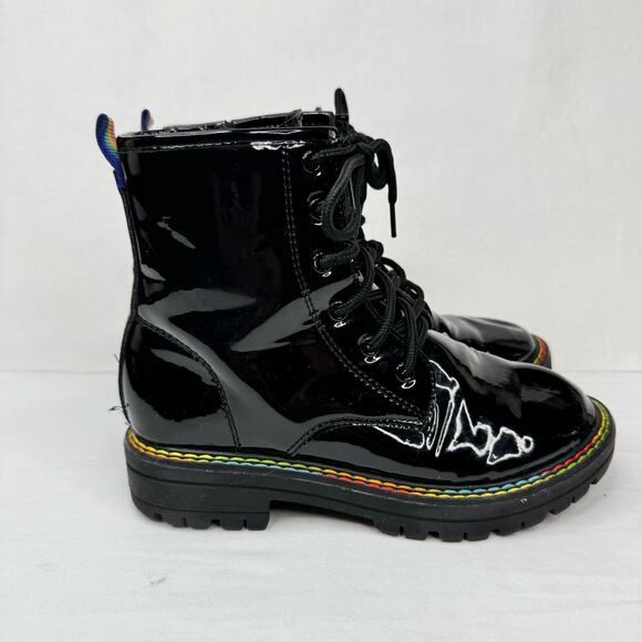 Kurt Geiger London Other - Kurt Geiger Girls Black Patent Leather Birdie Combat Boots Rainbow Accent Size 3
